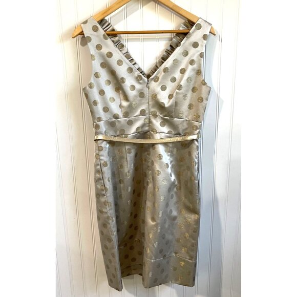 Eliza J Dress Size 8 Cream Gold Polka Dots Sheath Ruffle Neckline Party Cocktail - Picture 2 of 11